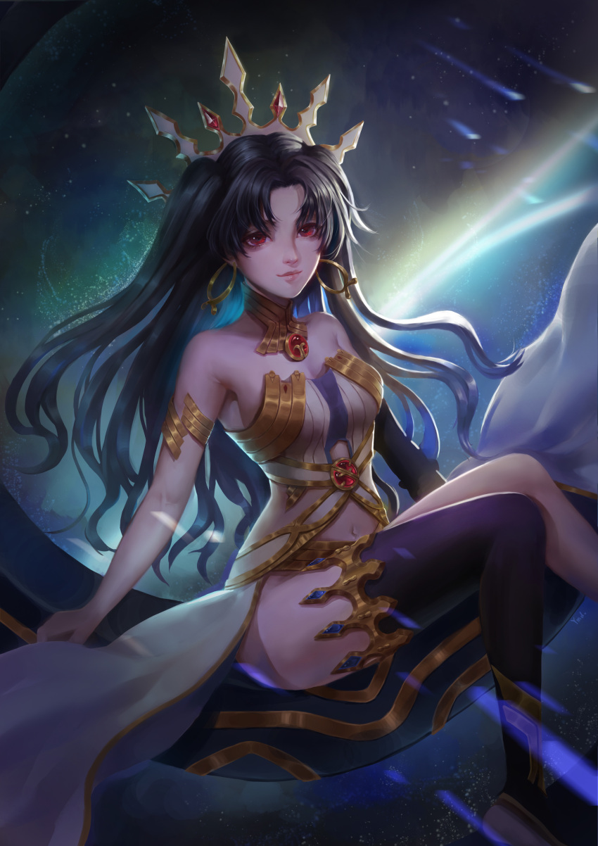 1girl absurdres armlet asymmetrical_legwear asymmetrical_sleeves bangs bare_shoulders black_hair closed_mouth comet commentary_request crown detached_collar earrings elbow_gloves fate/grand_order fate_(series) floating gloves heavenly_boat_maanna highres hoop_earrings ishtar_(fate/grand_order) jewelry long_hair looking_at_viewer navel parted_bangs red_eyes shooting_star single_elbow_glove single_thighhigh sitting sky star star_(sky) starry_sky thigh-highs thighs tiara two_side_up yimoduo