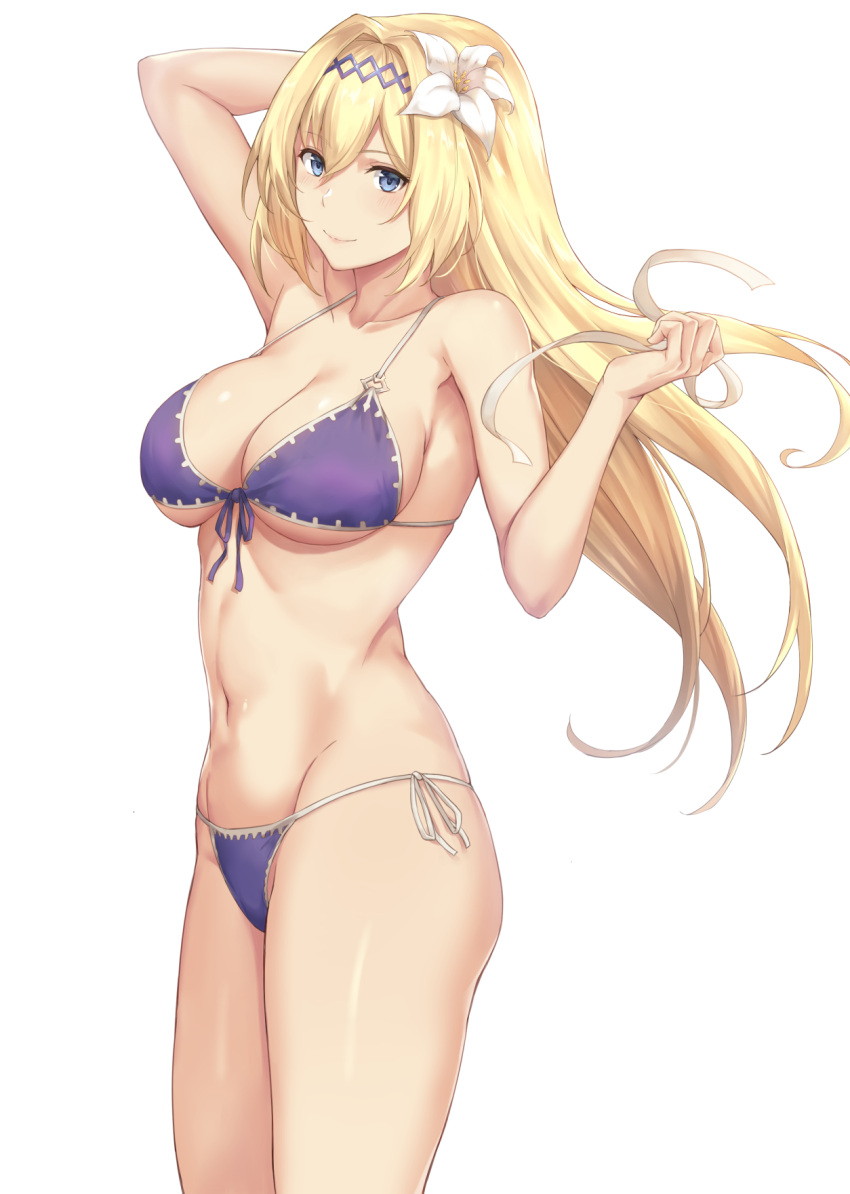 1girl arm_up bangs bare_shoulders bikini blonde_hair blush breasts cleavage closed_mouth collarbone diadem flower front-tie_bikini front-tie_top granblue_fantasy hair_between_eyes hair_flower hair_intakes hair_ornament hair_ribbon hand_in_hair highres jeanne_d'arc_(granblue_fantasy) large_breasts lily_(flower) long_hair looking_at_viewer navel purple_bikini ribbon simple_background smile solo swimsuit terry_(pixiv3274443) white_background white_flower white_ribbon