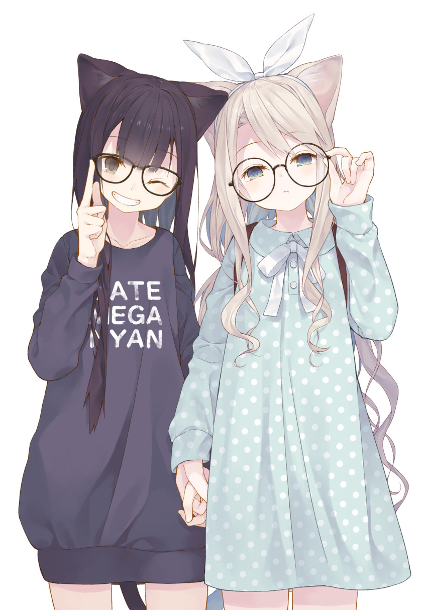 2girls adjusting_eyewear animal_ear_fluff animal_ears black-framed_eyewear black_shirt blue_eyes brown_eyes brown_hair cat_ears closed_mouth clothes_writing collared_dress commentary_request dress glasses green_dress grin hair_ribbon hand_up head_tilt highres light_brown_hair long_hair long_sleeves multiple_girls one_eye_closed original polka_dot polka_dot_dress ribbon ringlets romaji_text round_eyewear shirt smile tokuno_yuika very_long_hair white_ribbon