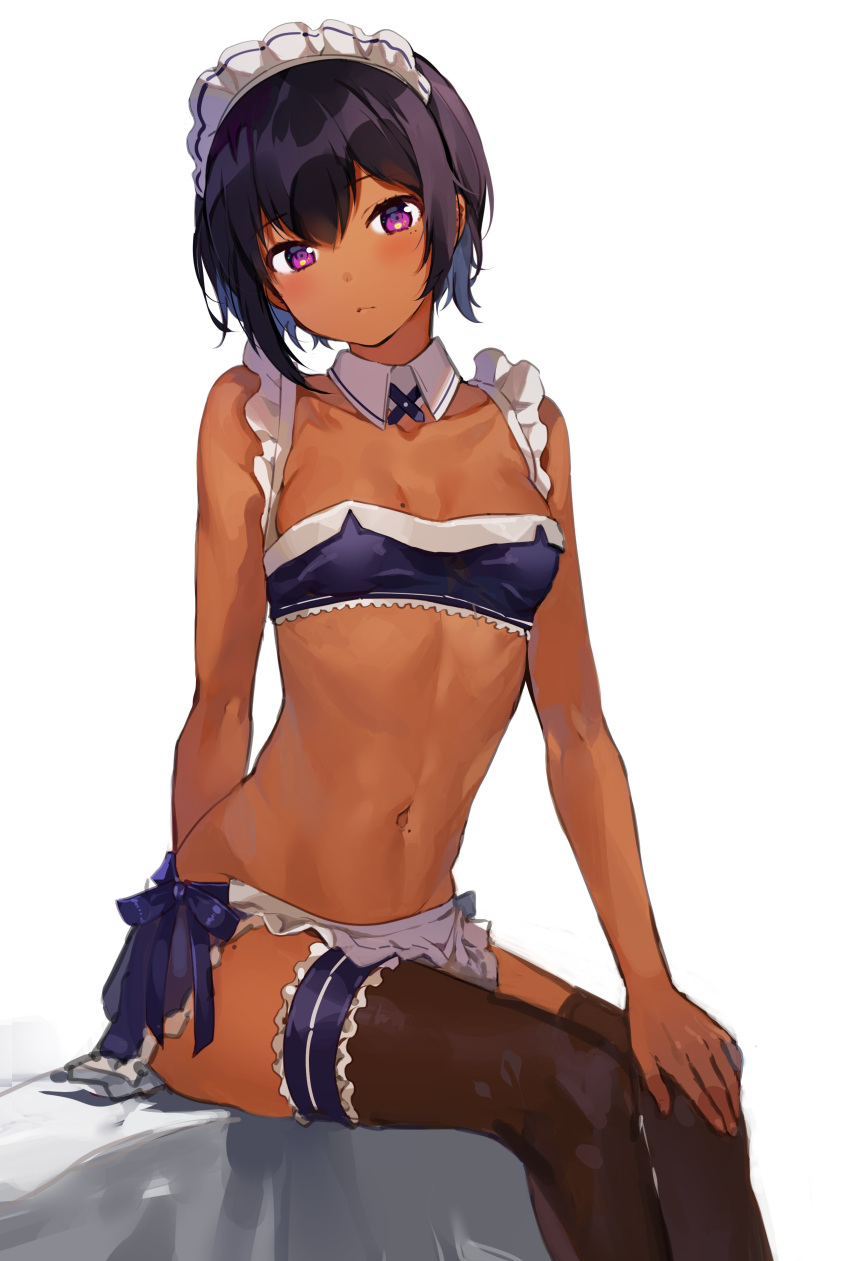 1girl absurdres black_hair bra dark_skin garters highres konbu_wakame maid maid_headdress midriff mole navel original short_hair solo thigh-highs underwear violet_eyes white_background