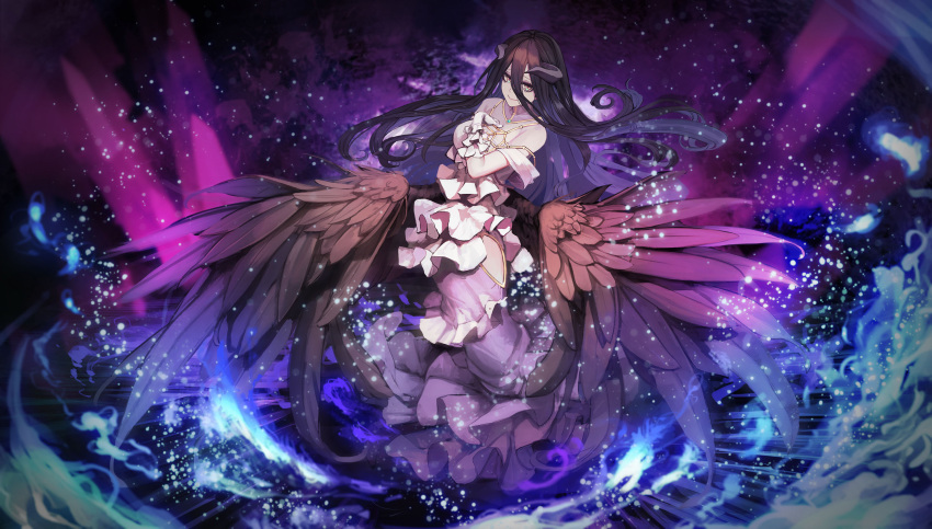 1girl ahoge albedo bare_shoulders black_hair breasts cleavage curled_horns da_(dsasd751) demon_girl demon_horns demon_wings detached_collar dress elbow_gloves feathered_wings feathers gloves hair_between_eyes hand_on_own_chest highres horns large_breasts long_hair looking_at_viewer low_wings overlord_(maruyama) smile solo white_dress white_gloves white_legwear wings yellow_eyes