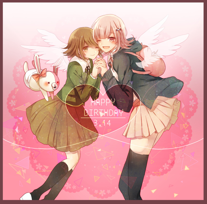 1boy 1girl angel_wings animal_ears bag beige_skirt black_jacket black_legwear blush bow brown_eyes brown_hair brown_skirt cat_bag commentary_request crossdressinging dangan_ronpa dangan_ronpa_1 dot_eyes dot_nose ear_ribbon eyebrows_visible_through_hair feet_out_of_frame fujisaki_chihiro grabbing green_sweater hair_ornament hairclip hand_holding happy_birthday highres hood jacket miyuzu monomi_(dangan_ronpa) nanami_chiaki one_eye_closed open_mouth otoko_no_ko pink_eyes pleated_skirt ribbon school_uniform short_hair skirt skirt_grab smile super_dangan_ronpa_2 sweater transparent white_footwear white_wings wings