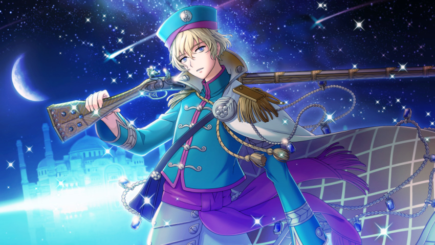 1boy aiguillette antique_firearm armor blonde_hair blue_eyes cape epaulettes esen_(senjuushi) faulds firearm game_cg gem gun hat head_tilt high_collar holding holding_gun holding_weapon jitome male_focus moon night night_sky official_art outdoors over_shoulder senjuushi:_the_thousand_noble_musketeers sky sparkle star_(sky) starry_sky weapon weapon_over_shoulder wind