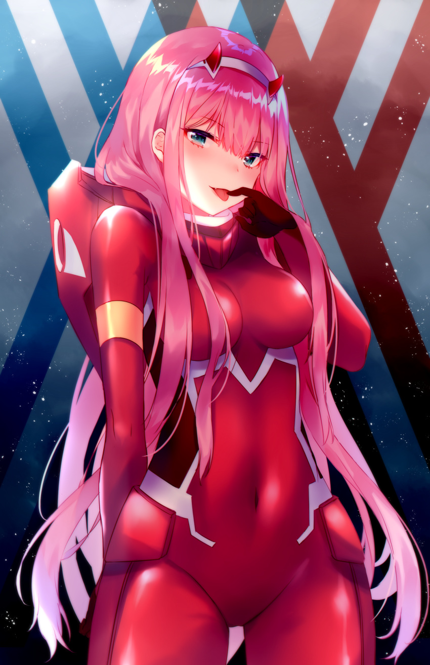 1girl arm_behind_back blue_eyes bodysuit breasts breasts_apart covered_navel cowboy_shot darling_in_the_franxx eyebrows_visible_through_hair grey_hairband hairband highres horns long_hair looking_at_viewer medium_breasts pilot_suit pink_hair red_bodysuit shiny shiny_clothes shiny_hair shouu-kun solo standing tongue tongue_out very_long_hair zero_two_(darling_in_the_franxx)