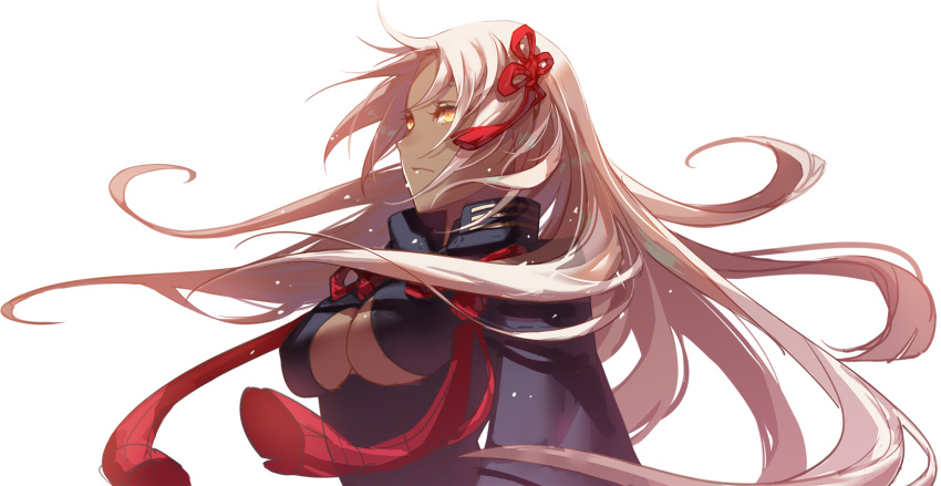 1girl black_coat breasts dark_skin fate/grand_order fate_(series) hair_between_eyes high_collar highres okita_souji_(alter)_(fate) okita_souji_(fate)_(all) tassel white_background white_hair xion32 yellow_eyes