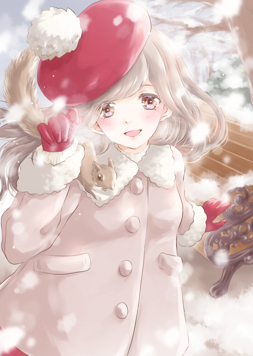 1girl absurdres animal animal_on_shoulder arm_at_side arm_up bare_tree bench beret blurry blush breath brown_eyes coat commentary_request day depth_of_field fur-trimmed_collar fur-trimmed_sleeves fur_trim gloves hat head_tilt highres hoshiibara_mato long_hair long_sleeves looking_at_viewer open_mouth original outdoors overcast park_bench pom_pom_(clothes) red_gloves red_hat red_skirt silver_hair skirt snow snowing solo squirrel tree upper_body winter winter_clothes winter_coat