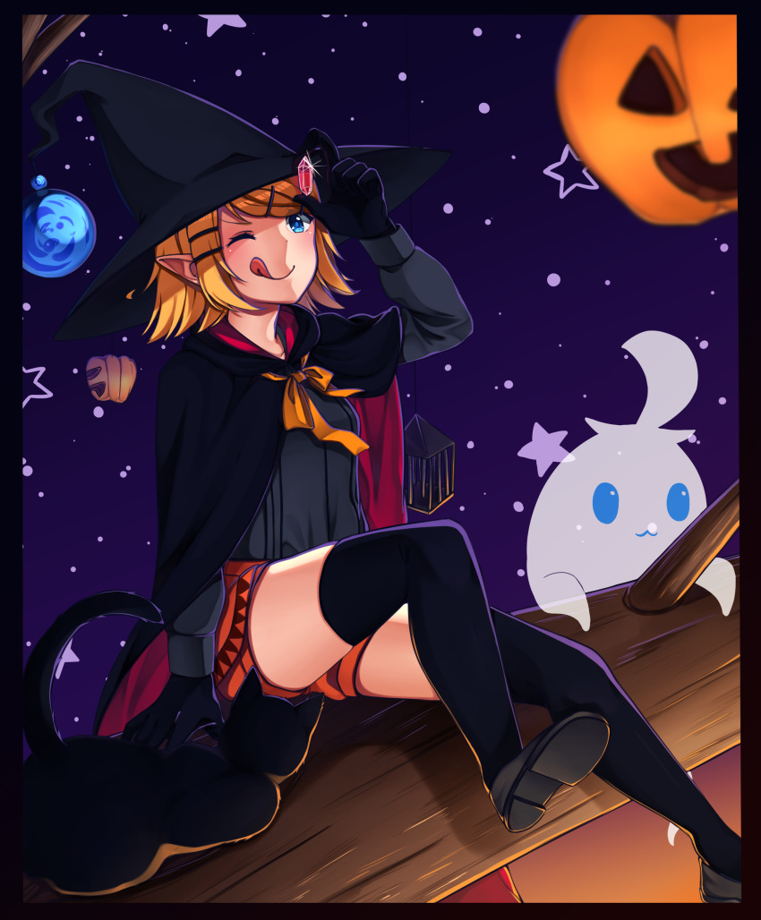 1girl ;q absurdres black_cape black_gloves black_hat black_legwear black_shirt blonde_hair blue_eyes cape gem gloves halloween halloween_costume hat highres holding in_tree inu8neko kagamine_rin long_sleeves neck_ribbon night night_sky one_eye_closed orange_shorts outdoors pointy_ears ribbon shirt short_hair short_shorts shorts sitting sitting_in_tree sky solo thigh-highs tongue tongue_out tree vocaloid witch witch_hat yellow_ribbon zettai_ryouiki