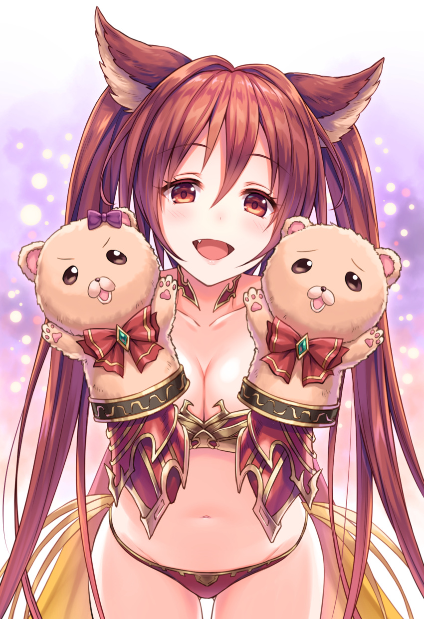 1girl :d animal_ears ass_visible_through_thighs bangs bare_shoulders blush bow breasts cerberus_(shingeki_no_bahamut) cleavage collarbone dog_ears eyebrows_visible_through_hair fang granblue_fantasy hair_between_eyes hand_puppet highres large_breasts lips long_hair looking_at_viewer navel open_mouth puppet red_bow red_eyes redhead shingeki_no_bahamut smile solo standing thigh_gap tomo_(user_hes4085) twintails very_long_hair