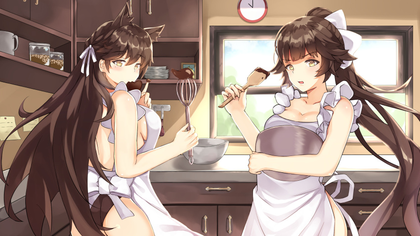 2girls animal_ears apron atago_(azur_lane) azur_lane black_hair black_panties breasts chocolate chocolate_heart chocolate_making clock commentary dog_ears eyebrows_visible_through_hair hair_ribbon heart highres kitchen kitchen_knife long_hair looking_at_viewer medium_breasts mixing_bowl mole mole_under_eye multiple_girls nearly_naked_apron open_mouth panties ponytail ribbon sideboob spatula sylux takao_(azur_lane) underwear valentine very_long_hair wall_clock whisk window yellow_eyes