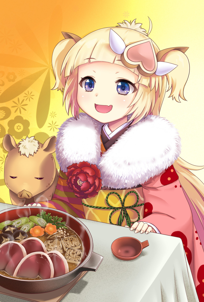 1girl :d ahoge alternate_costume alternate_hairstyle bangs blonde_hair blue_eyes blunt_bangs boar chinese_zodiac claudia_fischer commentary_request eyebrows_visible_through_hair fang food formation_girls furisode hair_ornament hibari_makoto highres japanese_clothes kimono meat nabe open_mouth pink_kimono short_hair smile solo table twintails year_of_the_pig