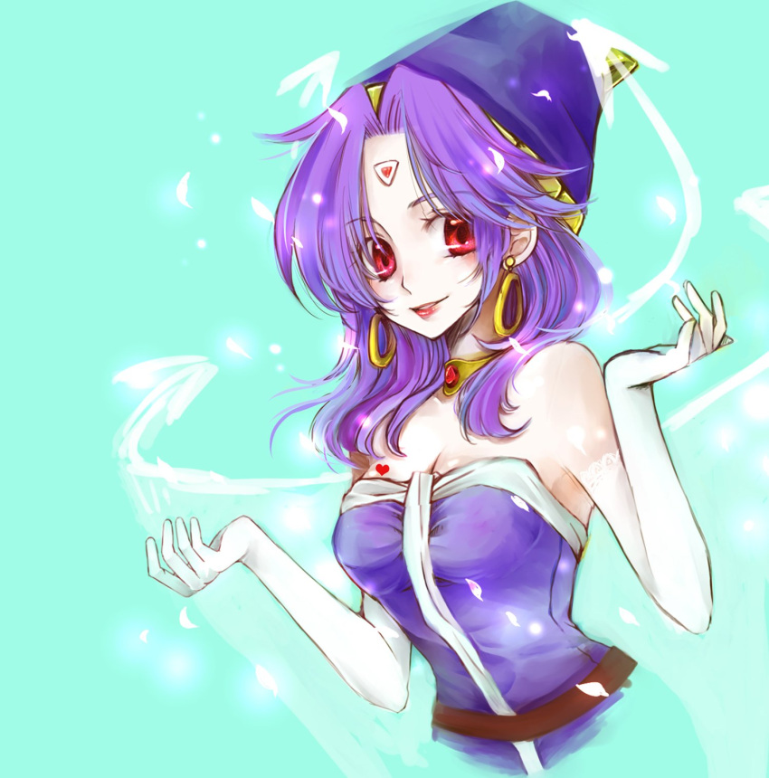 1girl breasts celine_jules cleavage commentary_request earrings gloves hat heart highres jewelry long_hair purple_hair smile solo star_ocean star_ocean_the_second_story tattoo