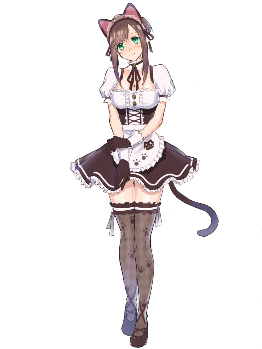 1girl animal_ears artist_request black_legwear blush breasts brown_hair cat_ears cleavage commentary_request corset dress gloves green_eyes highres looking_at_viewer medium_hair skirt solo sophia_esteed star_ocean star_ocean_till_the_end_of_time tail thigh-highs
