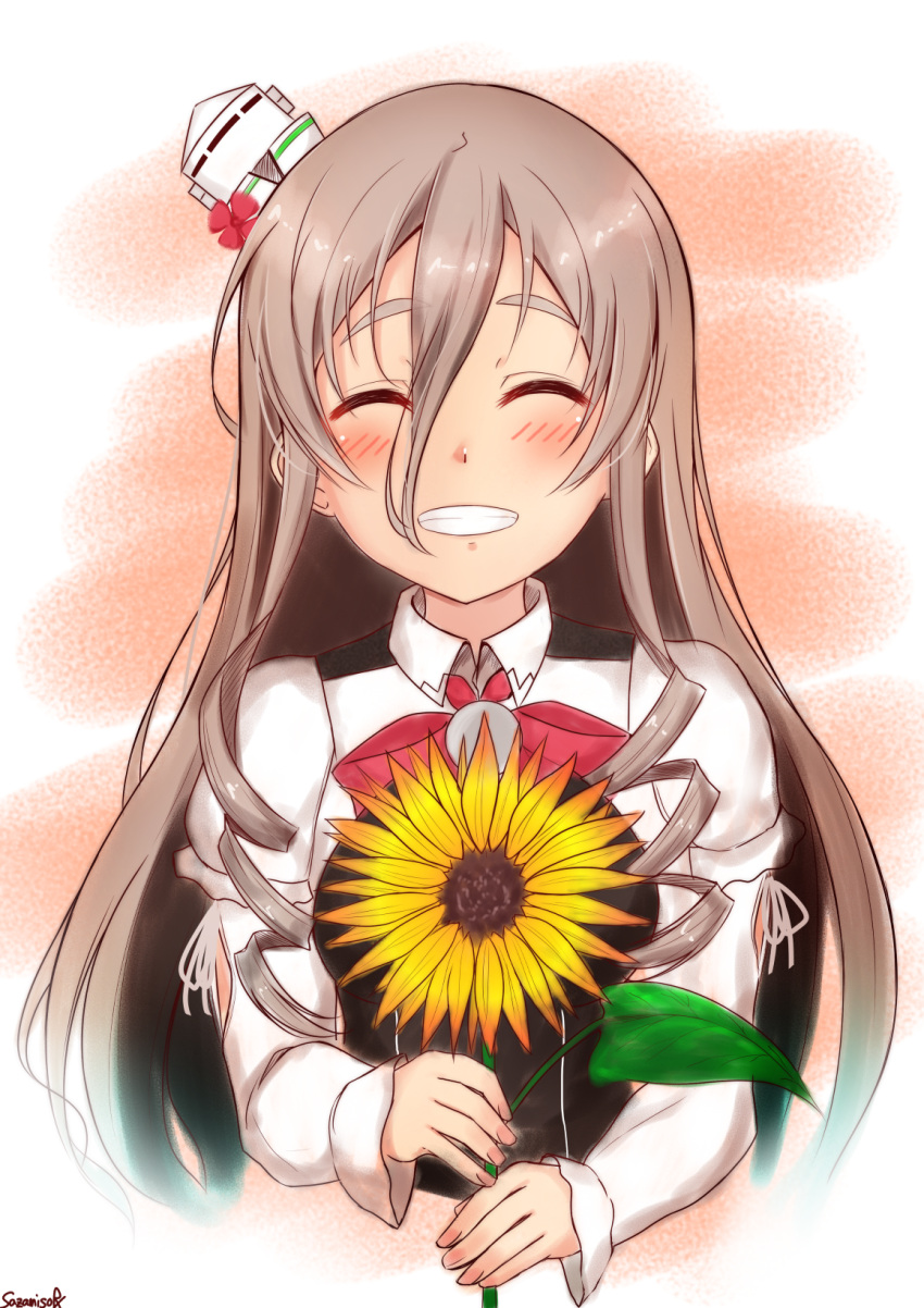 blush closed_eyes facing_viewer flower grey_hair hair_between_eyes hat highres holding holding_flower kantai_collection long_hair mini_hat pola_(kantai_collection) sazamiso_rx shirt signature smile sunflower upper_body wavy_hair white_shirt