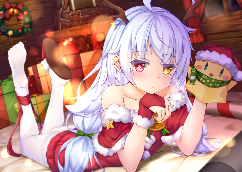 1girl ahoge antlers azur_lane bangs bell blurry blush bokeh bow box chin_rest christmas closed_mouth collarbone commentary_request curtains depth_of_field dress dutch_angle eyebrows_visible_through_hair feet fireplace fur-trimmed_dress fur_trim gift gift_box gloves green_bow green_neckwear hair_bow hand_puppet hands_up hat heterochromia indoors legs_up light_particles long_hair looking_at_viewer low_twintails lying mole mole_under_eye nicholas_(azur_lane) off_shoulder on_stomach pantyhose pom_pom_(clothes) puppet red_dress red_eyes red_gloves red_hat red_ribbon reindeer_antlers ribbon santa_costume santa_hat shimo_(shimo332215) sidelocks slippers solo star thighband_pantyhose twintails white_hair white_legwear window wreath yellow_eyes yellow_ribbon