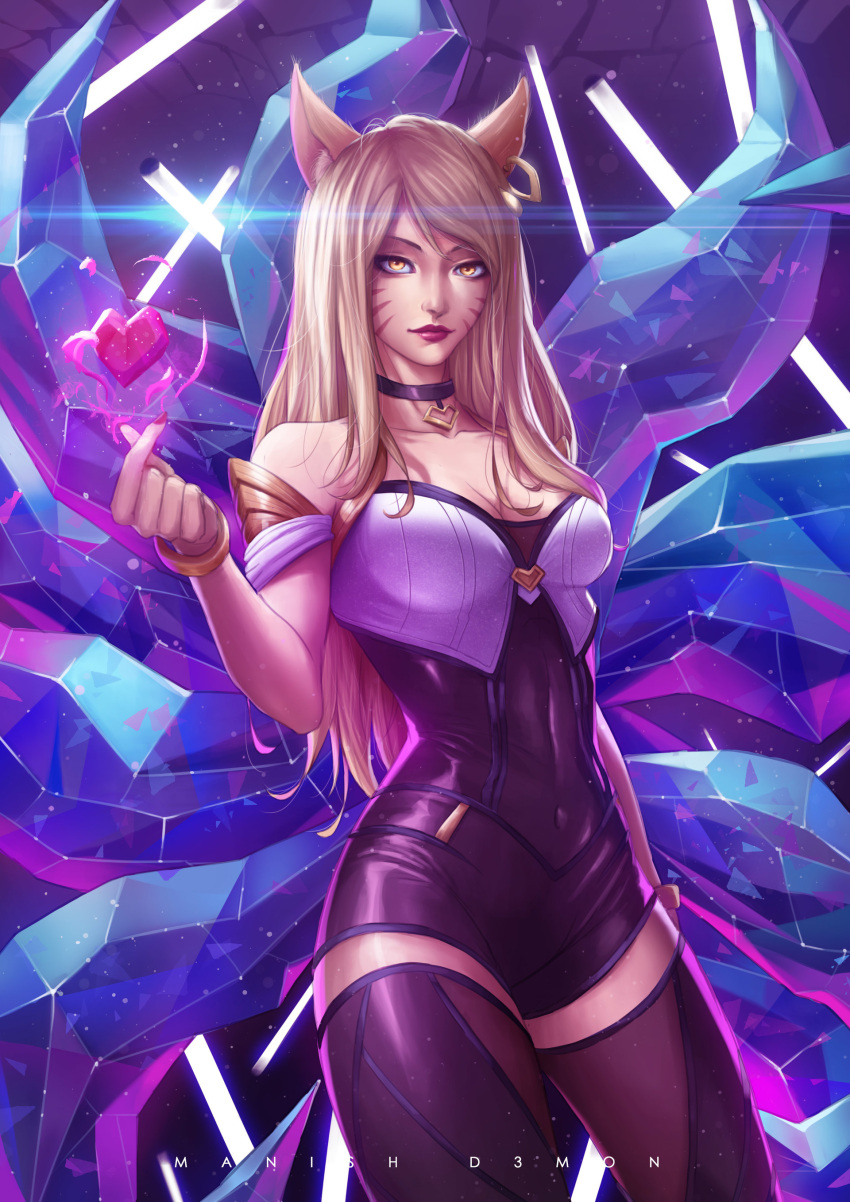 1girl absurdres ahri animal_ears backlighting bare_shoulders blonde_hair covered_navel earrings fox_ears fox_tail heart highres jewelry k/da_(league_of_legends) k/da_ahri league_of_legends lips long_hair looking_at_viewer multiple_tails solo standing tail yellow_eyes