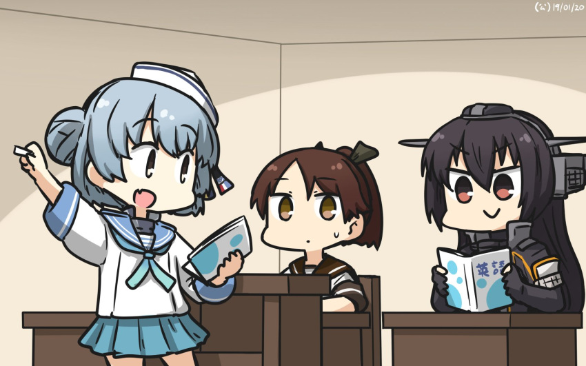 3girls aqua_neckwear aqua_skirt black_gloves black_hair black_ribbon blue_hair blue_sailor_collar book brown_eyes brown_hair brown_sailor_collar brown_skirt classroom commentary dated desk dixie_cup_hat double_bun elbow_gloves fingerless_gloves gloves hair_ribbon hamu_koutarou hat hat_ribbon headgear highres kantai_collection long_hair long_sleeves military_hat miniskirt multiple_girls nagato_(kantai_collection) neckerchief pleated_skirt ponytail red_eyes remodel_(kantai_collection) ribbon sailor_collar samuel_b._roberts_(kantai_collection) school_desk school_uniform serafuku shikinami_(kantai_collection) shirt short_hair short_ponytail skirt sleeve_cuffs white_hat white_shirt yellow_eyes