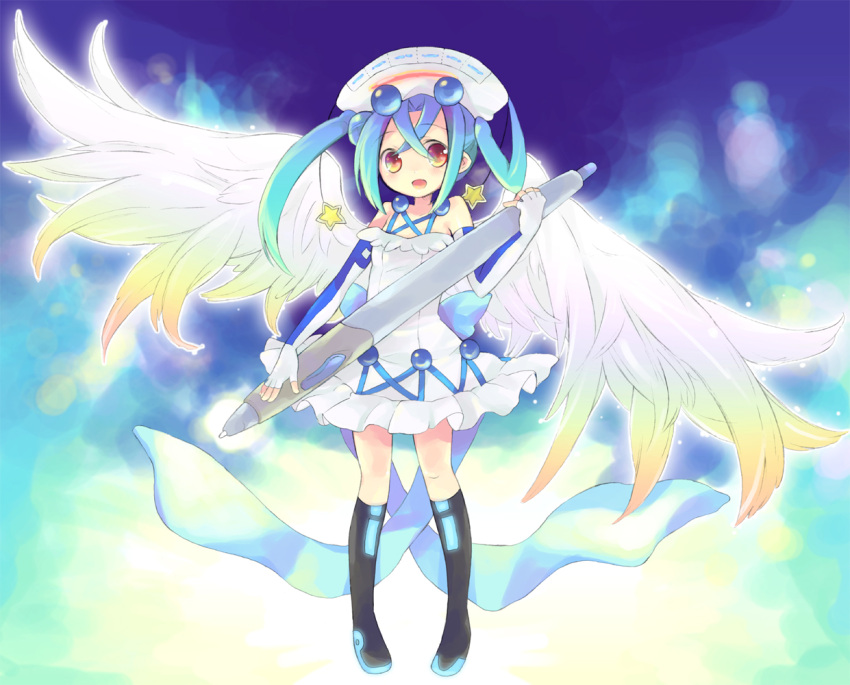 1girl blue_hair blush child gradient_hair gradient_wings graphite_(medium) green_hair hat large_wings long_hair looking_at_viewer mixed_media multicolored_hair neon_trim open_mouth oversized_object personification pixiv pixiv-tan smile solo stylus tachitsu_teto tareme tatetsu_teto traditional_media twintails wings