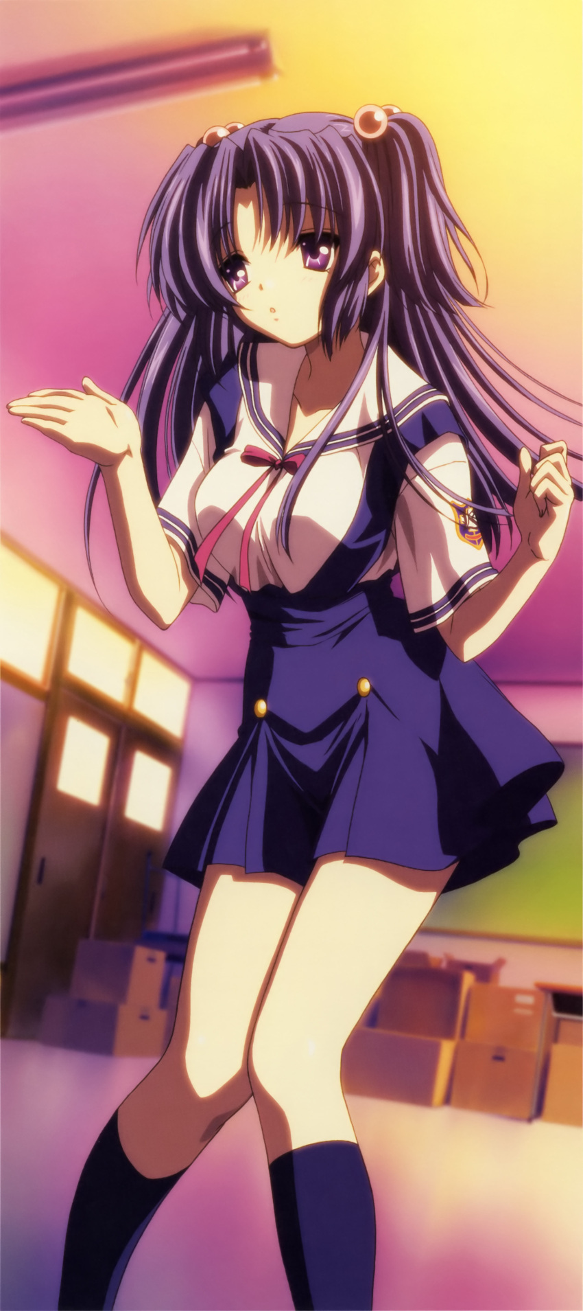 1girl absurdres blue_hair clannad classroom hair_bobbles hair_ornament highres ichinose_kotomi kneehighs long_hair long_image official_art poster purple_eyes purple_hair school_uniform serafuku short_twintails socks solo stick_poster tall_image twintails two_side_up violet_eyes