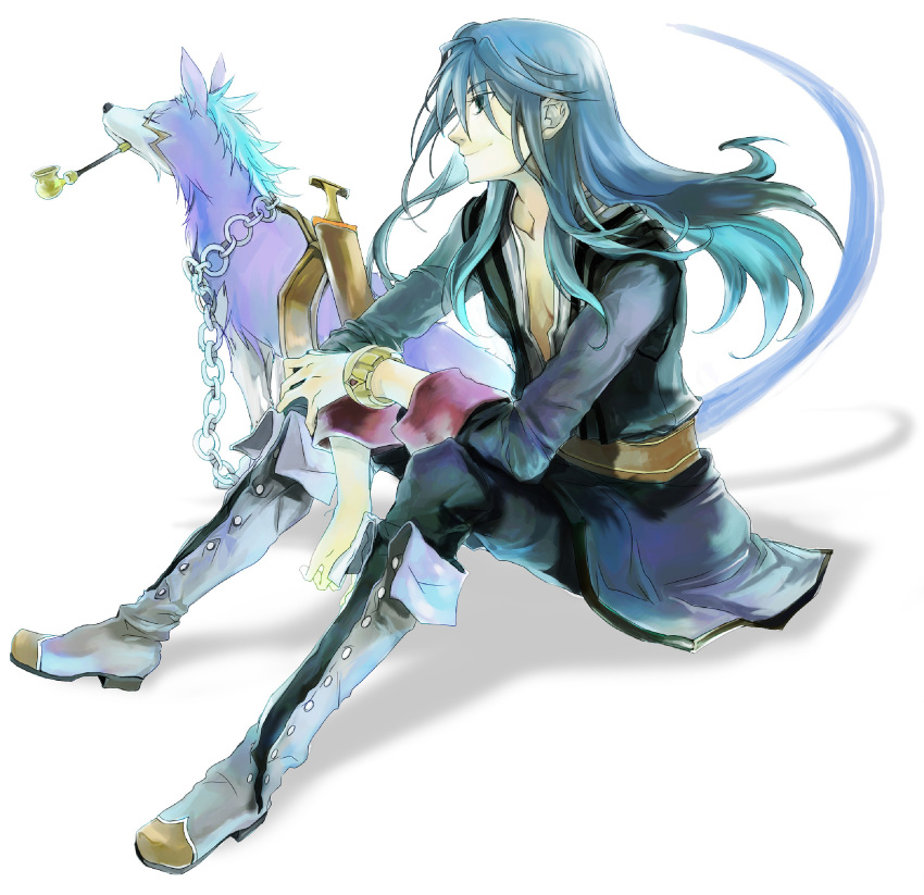 black_hair bracelet chain chains dog highres jewelry kiseru long_hair male mooche pipe repede smile smoking sword tales_of_(series) tales_of_vesperia weapon white_background yuri_lowell