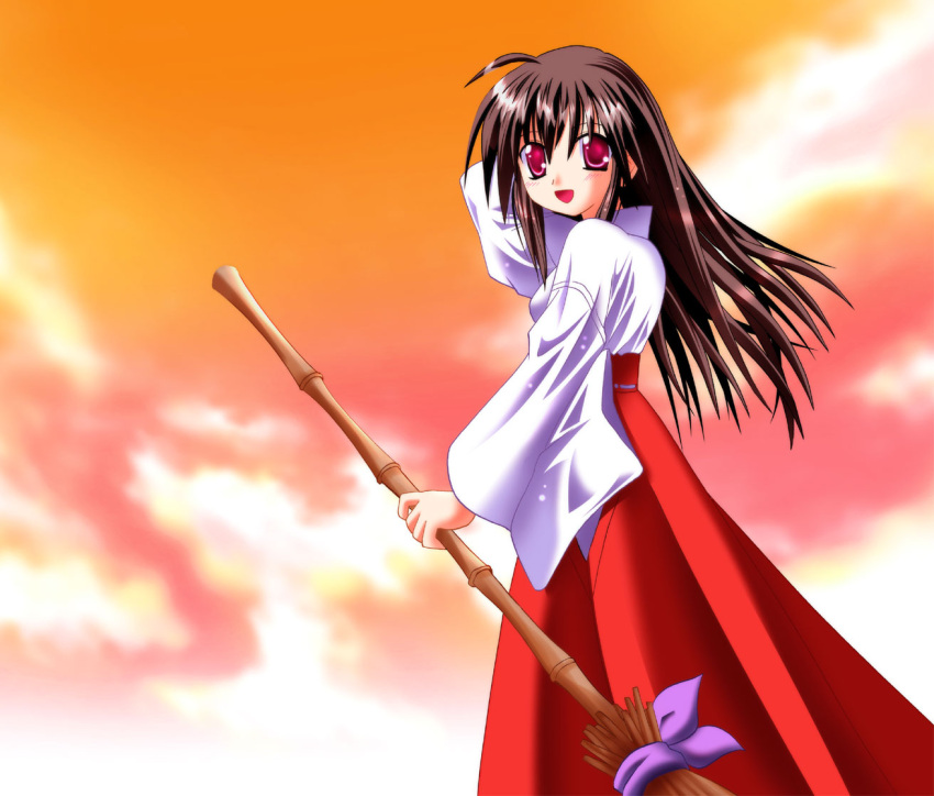 brown_hair japanese_clothes long_hair miko red_eyes sky sunset