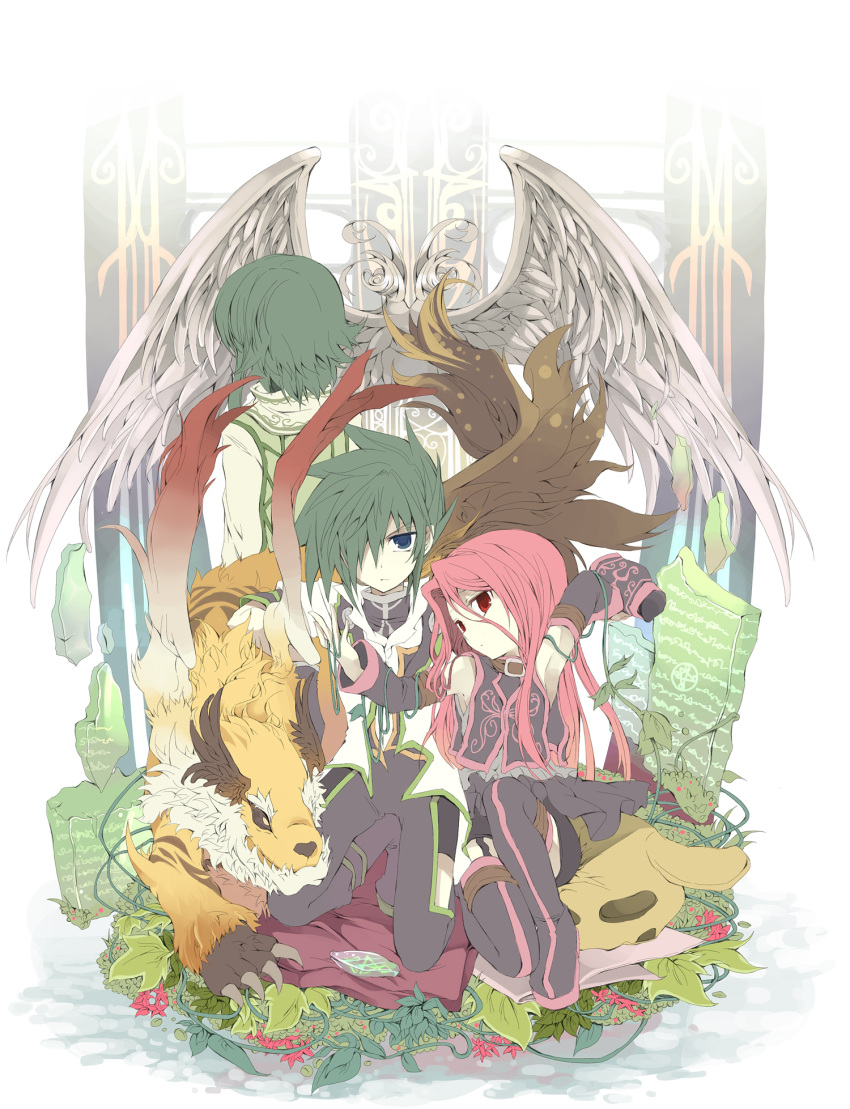 2boys arietta blue_eyes fruit_punch green_hair highres ion monster multiple_boys pink_hair red_eyes sync tales_of_(series) tales_of_the_abyss