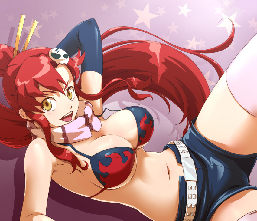 arm_up armpits belt bikini bikini_top breasts cleavage elbow_gloves face gloves hair_ornament large_breasts long_hair navel open_mouth pink_legwear ponytail red_hair scarf shadow shorts solo star swimsuit tengen_toppa_gurren_lagann thighhighs toshi toshi_(tsujigiri_style) underboob yellow_eyes yoko_littner yoko_ritona