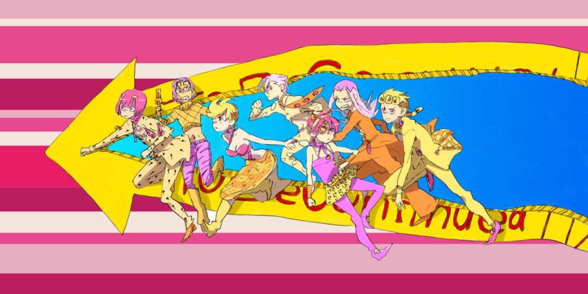 arrow bare_shoulders blonde_hair boots braid breasts bruno_bucciarati choker cleavage directional_arrow everyone fugo_pannacotta giorno_giovanna guido_mista gun hair_ornament hairclip hat headband jacket jojo's_bizarre_adventure jojo_no_kimyou_na_bouken leone_abbachio long_hair midriff mokeo narancia_ghirga navel necktie pannacotta_fugo pants pink_eyes pink_hair running shoes short_hair skirt stand stand_(jojo) sweater tiger_print tigerprint trish_una weapon wristband zipper