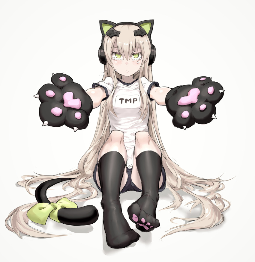 1girl alma01 animal_ears bangs black_legwear black_shorts blush breasts cat_ear_headphones cat_ears cat_girl cat_tail character_name closed_mouth clothes_writing commentary_request crying crying_with_eyes_open girls_frontline gloves green_eyes grey_background hair_between_eyes headphones highres kneehighs light_brown_hair light_frown long_hair no_shoes outstretched_arm paw_gloves paws shirt short_shorts short_sleeves shorts small_breasts soles solo tail tears tmp_(girls_frontline) very_long_hair white_background white_shirt