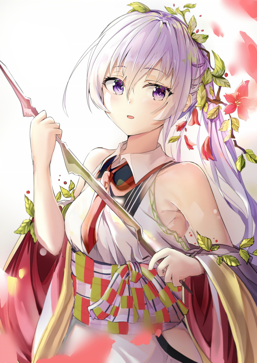 1girl armpits bangs bare_shoulders blurry blush branch breasts commentary_request depth_of_field flower hair_between_eyes hair_ornament hand_up highres hip_vent holding japanese_clothes kimono leaf long_hair long_sleeves looking_at_viewer neck_ribbon obi off_shoulder original parted_lips ponytail red_flower red_neckwear ribbon sash sidelocks silver_hair solo tony42668 upper_body violet_eyes white_background white_kimono wide_sleeves wing_collar