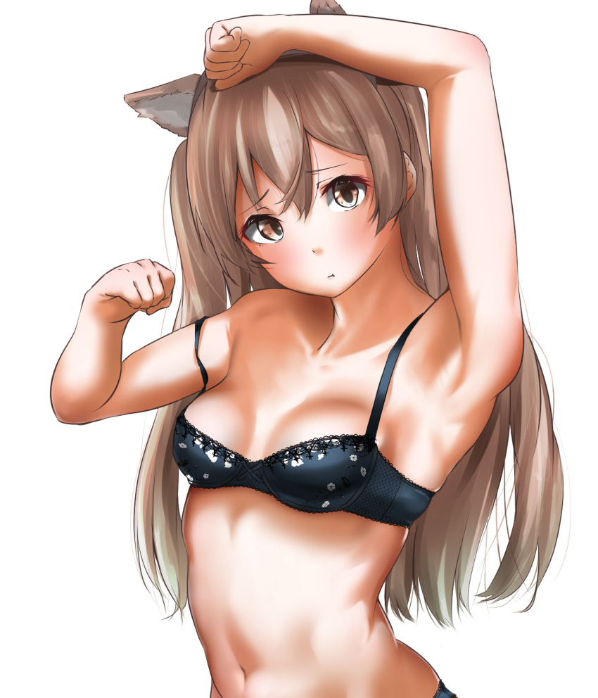 1girl animal_ears armpits black_bra blush bra breasts brown_eyes closed_mouth dog_ears eyebrows_visible_through_hair hair_between_eyes highres johnston_(kantai_collection) kantai_collection light_brown_hair long_hair looking_at_viewer navel simple_background small_breasts solo tama_(seiga46239239) twintails underwear white_background