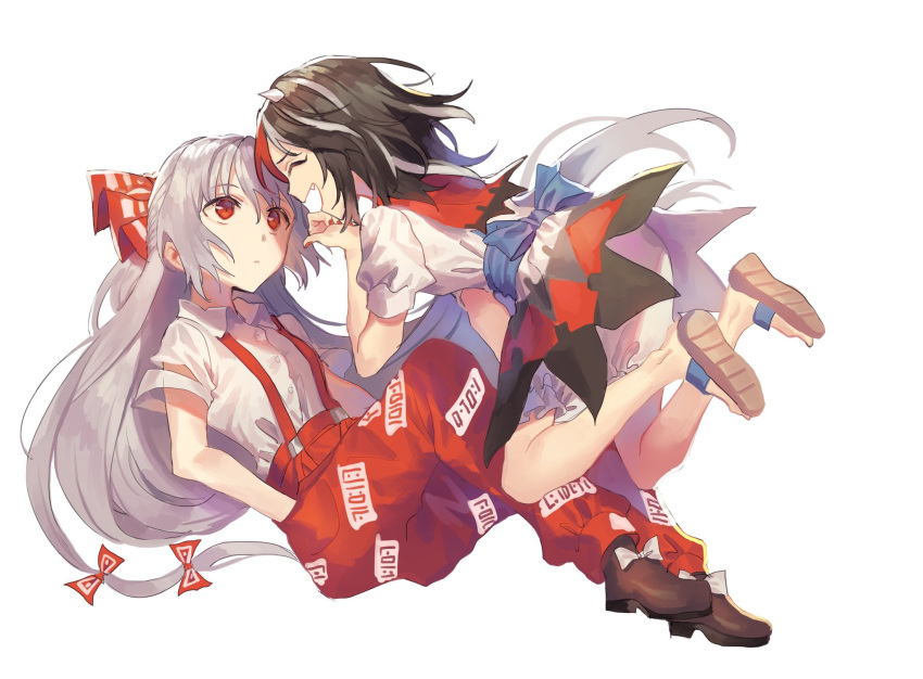 2girls :d ^_^ bangs black_hair bloomers blue_sash bow brown_footwear closed_eyes closed_eyes commentary_request dress eyebrows_visible_through_hair facing_another fang flip-flops fujiwara_no_mokou full_body hair_between_eyes hair_bow hands_in_pockets highres horns kijin_seija knees_up korean_commentary long_hair looking_at_another misha_(hoongju) multicolored_hair multiple_girls ofuda open_mouth pants puffy_short_sleeves puffy_sleeves red_bow red_eyes red_pants red_sailor_collar redhead sailor_collar sandals sash shirt shoes short_hair short_sleeves silver_hair simple_background smile streaked_hair suspenders touhou underwear very_long_hair white_background white_bloomers white_bow white_dress white_hair white_shirt wing_collar