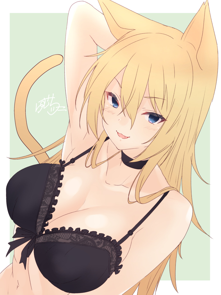 1girl :3 :d animal_ears arm_behind_head arm_up armpits black_bra black_choker blonde_hair blue_background blue_eyes bra breasts cat_ears cat_girl cat_tail choker cleavage commentary_request dutch_angle eyebrows_visible_through_hair fang frilled_bra frills hair_between_eyes highres large_breasts long_hair navel open_mouth original ramchi signature simple_background smile solo straight_hair tail underwear underwear_only upper_body v-shaped_eyebrows very_long_hair