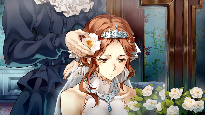 2girls bare_shoulders blue_dress bouquet brown_eyes brown_hair charlotte_abelfreyja_drossel cheese_kang closed_mouth commentary_request crown dress flower frills hair_flower hair_ornament hair_up highres indoors jewelry long_hair looking_down maid multiple_girls necklace smile solo_focus tears tiara violet_evergarden wedding_dress white_dress