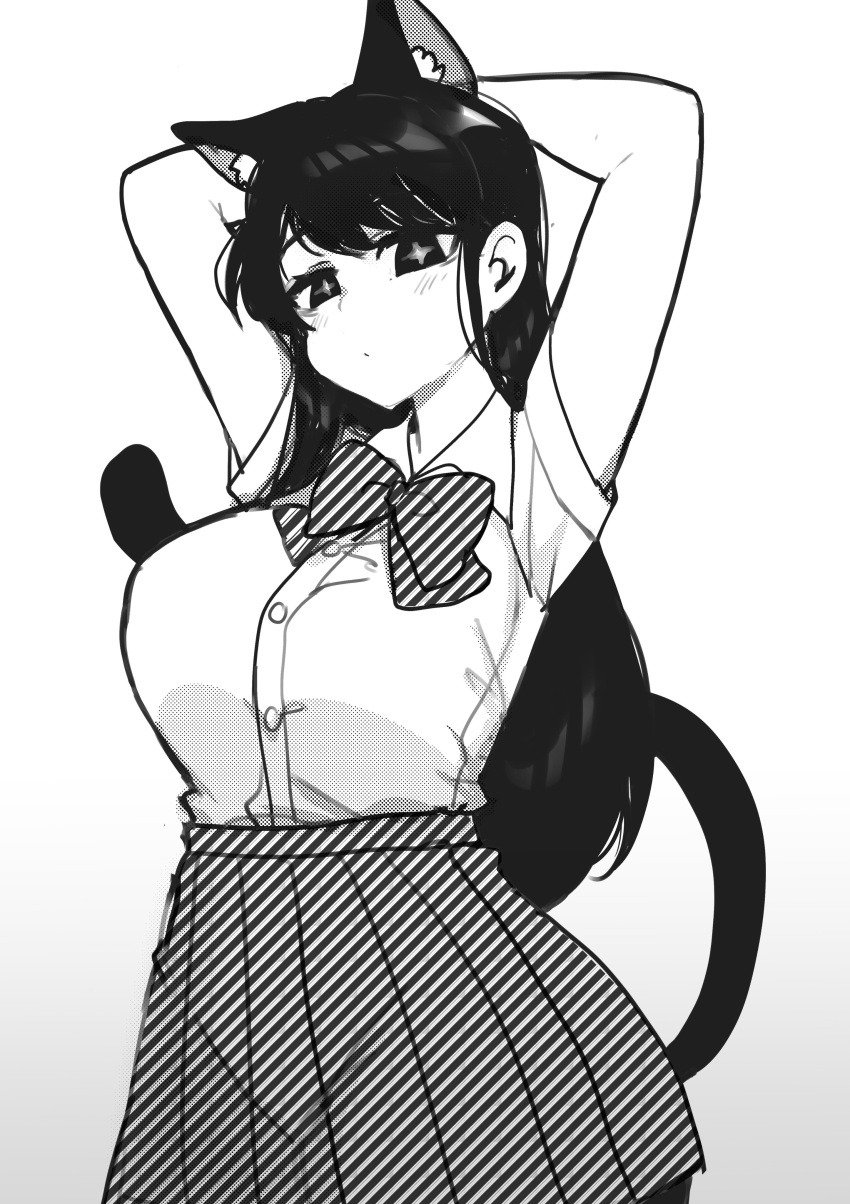 1girl absurdres animal_ears armpits arms_behind_head arms_up black_eyes black_hair breasts cat_ears cat_tail highres komi-san_wa_komyushou_desu komi_shouko large_breasts long_hair looking_at_viewer osiimi school_uniform tail white_background