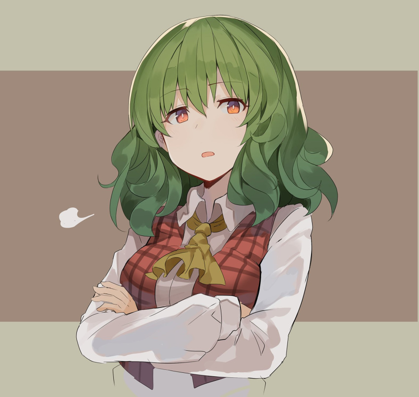 1girl =3 ascot bangs breasts brown_background commentary_request crossed_arms eyebrows_visible_through_hair green_hair grey_background hair_between_eyes highres kazami_yuuka long_sleeves looking_at_viewer medium_breasts parted_lips plaid plaid_vest red_eyes red_vest rin_falcon shirt short_hair solo touhou two-tone_background upper_body vest white_shirt wing_collar yellow_neckwear