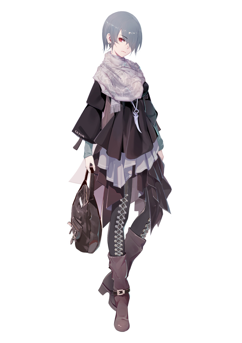1girl absurdres bag bangs boots brown_bag brown_footwear casual cheeky_little_star closed_mouth fashion full_body grey_hair hair_over_one_eye handbag highres holding holding_bag honkai_(series) honkai_impact_3rd leggings long_sleeves looking_at_viewer raven_(honkai_impact_3rd) red_eyes scarf short_hair simple_background solo standing white_background