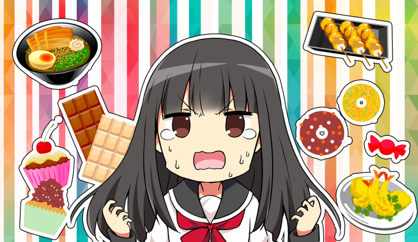 1girl bangs black_hair black_sailor_collar brown_eyes candy_wrapper cherry chijou_noko chikanoko chocolate_bar commentary_request cupcake doughnut eyebrows_visible_through_hair food fruit hands_up highres long_hair long_sleeves noodles open_mouth ragho_no_erika ramen red_neckwear sailor_collar shirt shrimp shrimp_tempura solo striped striped_background sweat teardrop tempura upper_body v-shaped_eyebrows vertical-striped_background vertical_stripes wavy_mouth white_shirt