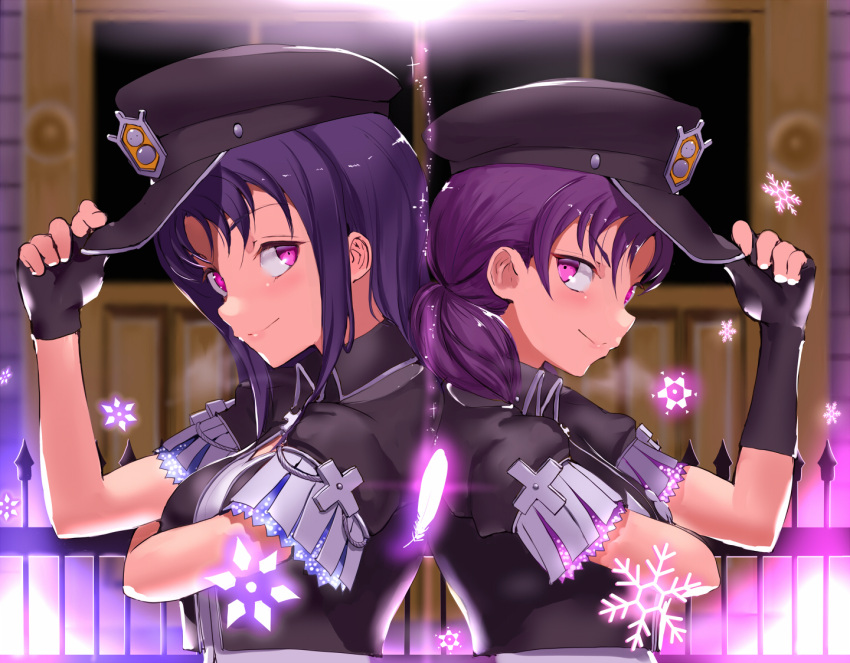 2girls alternate_hairstyle back-to-back bangs breasts commentary_request feathers fingerless_gloves gloves hair_down hat jyon kazuno_leah kazuno_sarah long_hair love_live! love_live!_sunshine!! love_live!_sunshine!!_the_school_idol_movie_over_the_rainbow low_twintails medium_breasts multiple_girls pink_eyes purple_hair saint_snow short_sleeves siblings sidelocks sisters snowflakes spoilers twintails upper_body