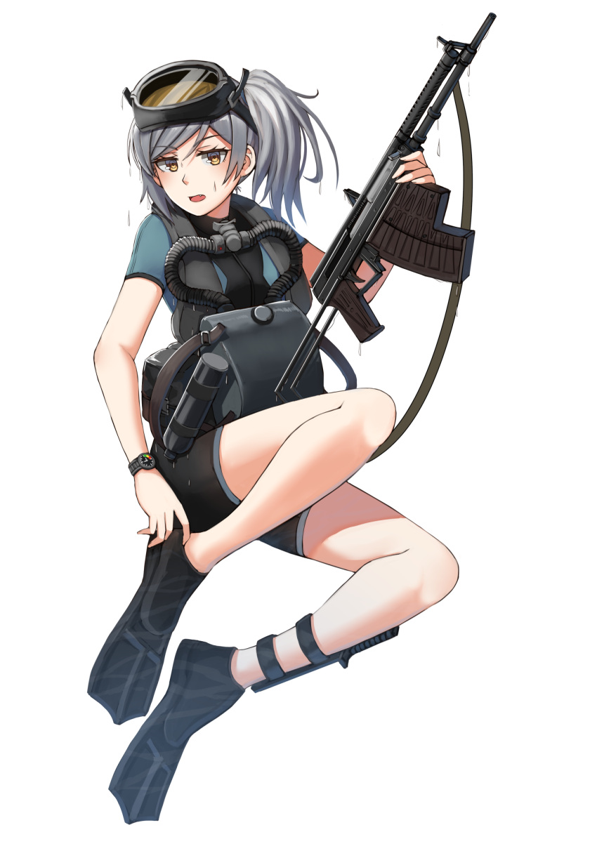 1girl aps_rifle assault_rifle blush breasts brown_eyes commentary_request dripping flippers girls_frontline goggles goggles_on_head grey_hair gun highres holding holding_weapon knife long_hair ndtwofives original rifle side_ponytail simple_background solo watch watch water_drop weapon wetsuit white_background