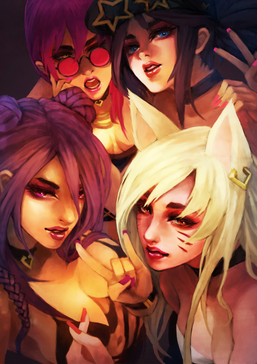 4girls \m/ absurdres ahri akali animal_ears baseball_cap blue_eyes breasts choker cleavage close-up commentary english_commentary evelynn eyelashes eyeliner eyeshadow fingernails fox_ears group_picture hat heart heart_choker highres k/da_(league_of_legends) k/da_ahri k/da_akali k/da_evelynn k/da_kai'sa kai'sa league_of_legends lips lipstick long_fingernails looking_at_viewer makeup medium_breasts monori_rogue multiple_girls nail_polish nose one_eye_closed open_mouth parted_lips pink-tinted_eyewear pink_hair purple_hair red_eyes round_eyewear small_breasts sunglasses thick_eyebrows upper_body v violet_eyes whisker_markings yellow_eyes