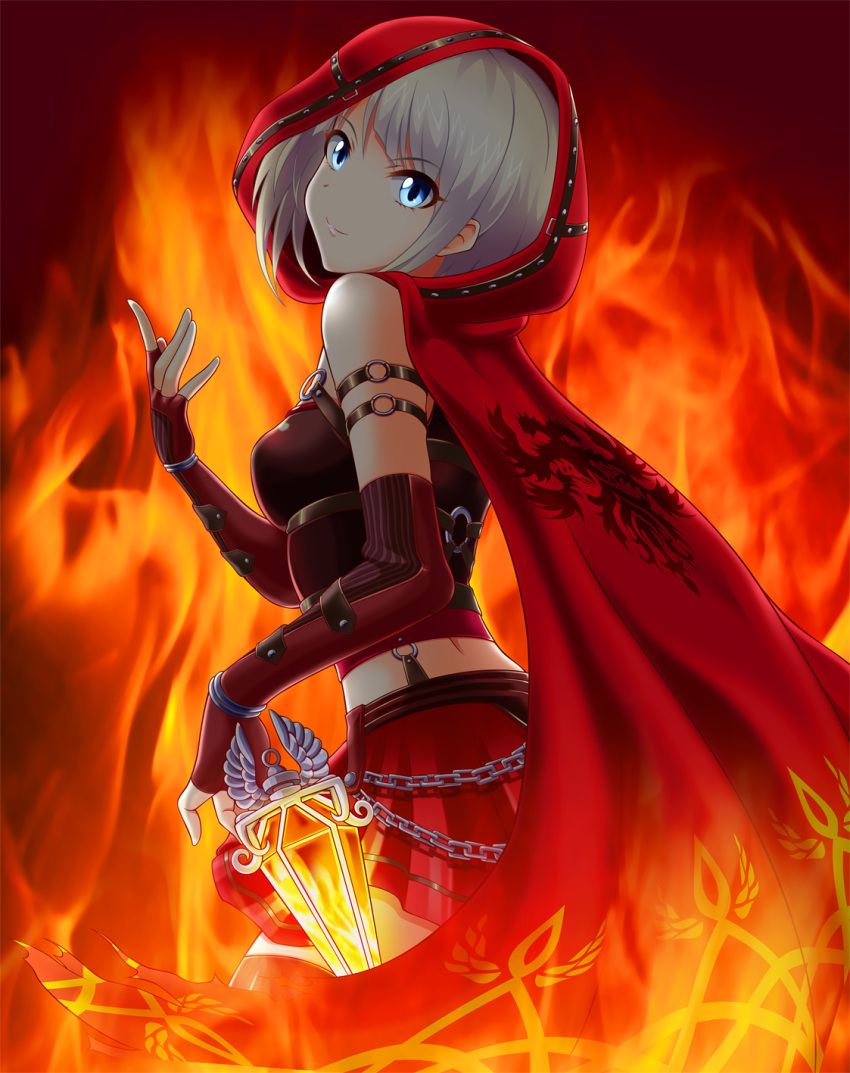 1girl blue_eyes character_request cloak cowboy_shot elbow_gloves eva_16-gouki eyebrows_visible_through_hair fingerless_gloves fire from_side gloves head_tilt highres hood hood_up hooded_cloak idolmaster idolmaster_cinderella_girls looking_at_viewer midriff miniskirt pleated_skirt red_cloak red_gloves red_skirt short_hair silver_hair skirt solo standing