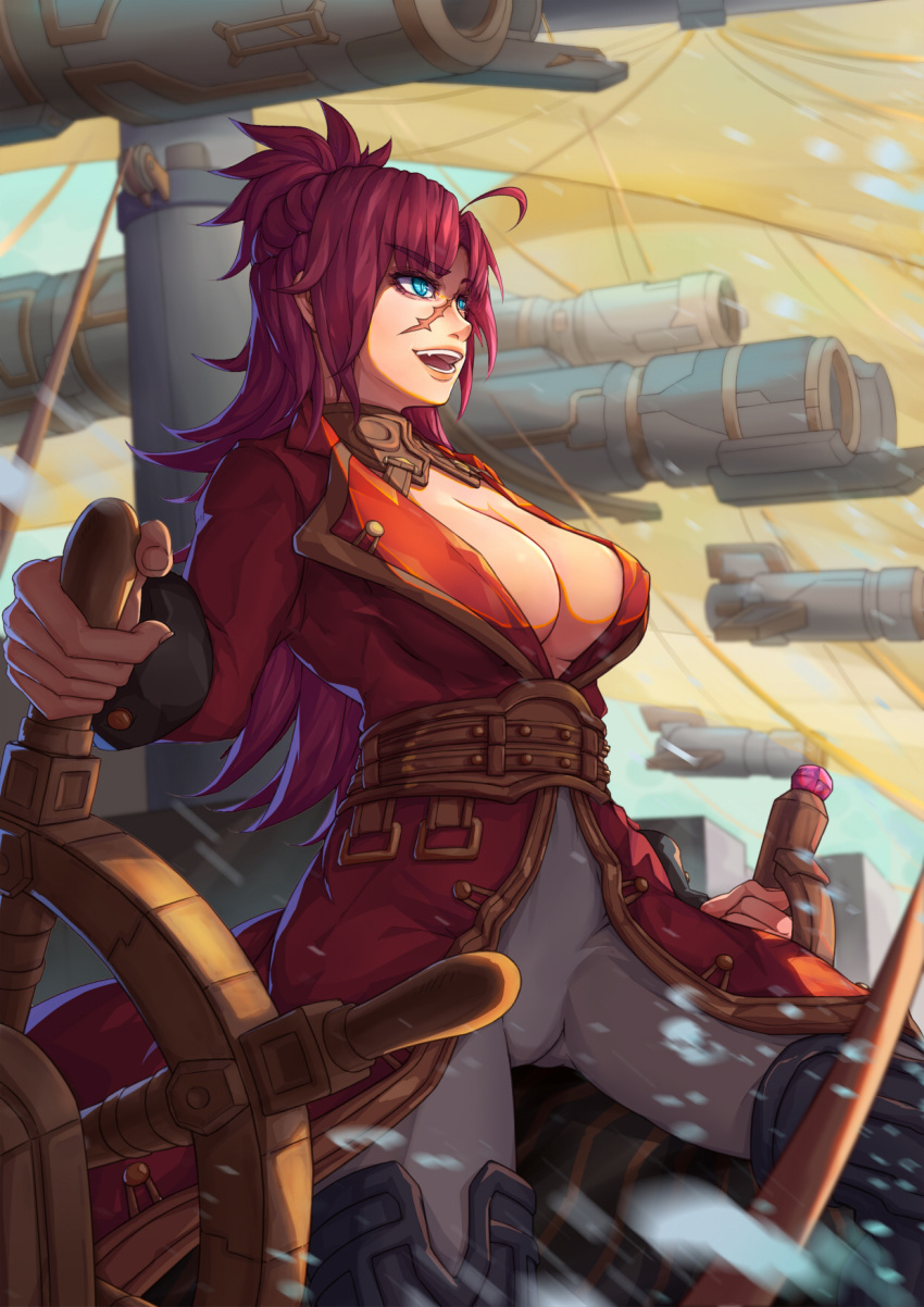 1girl ahoge blue_eyes boots breasts cannon cleavage eyebrows_visible_through_hair facial_scar fate/extra fate/grand_order fate_(series) francis_drake_(fate) from_side half_updo highres jacket large_breasts long_hair muou_(muou233) open_mouth pants pink_hair red_jacket scar ship ship's_wheel solo watercraft white_pants