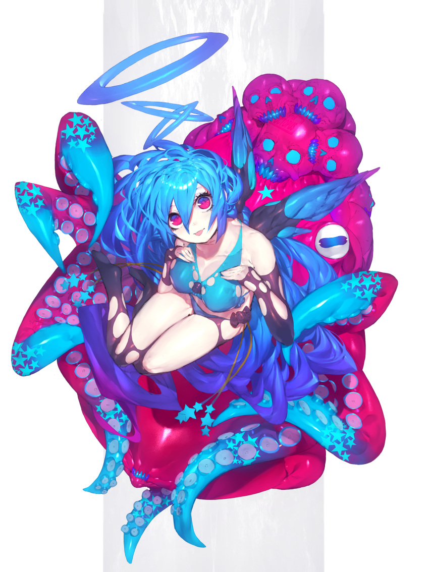 1girl absurdres blue_hair collarbone halo highres long_hair octopus original simple_background sitting skull star suction_cups takeno_(hashi_falcon) tentacle thigh-highs tongue tongue_out torn_clothes very_long_hair violet_eyes white_background