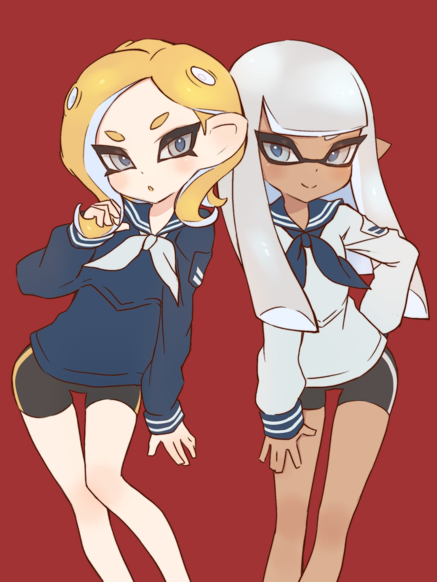 2girls :o bangs bike_shorts blonde_hair blue_neckwear blue_sailor_collar blue_shirt blunt_bangs closed_mouth dark_skin domino_mask grey_eyes hand_up highres inkling jtveemo long_hair long_sleeves looking_at_viewer mask multiple_girls neckerchief octarian octoling open_mouth pointy_ears red_background sailor_collar school_uniform serafuku shirt silver_hair simple_background smile splatoon splatoon_(series) splatoon_2 suction_cups tentacle_hair white_neckwear white_shirt