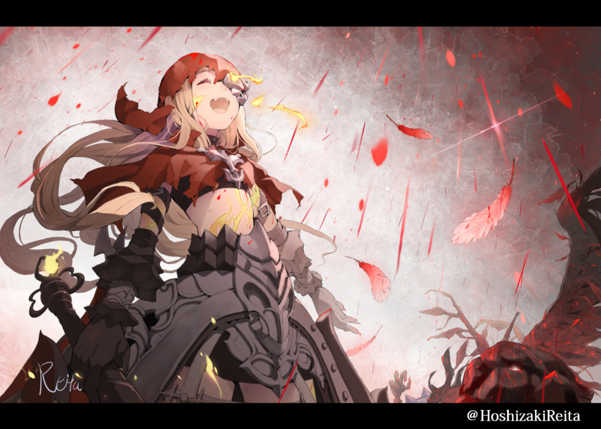 1girl :d black_gloves black_shirt black_skirt capelet closed_eyes commentary_request crop_top facing_viewer fangs feathers gloves half-nightmare highres holding hoshizaki_reita letterboxed light_brown_hair little_red_riding_hood_(sinoalice) long_hair open_mouth red_capelet red_feathers shirt signature sinoalice skirt smile solo torn_capelet twitter_username very_long_hair