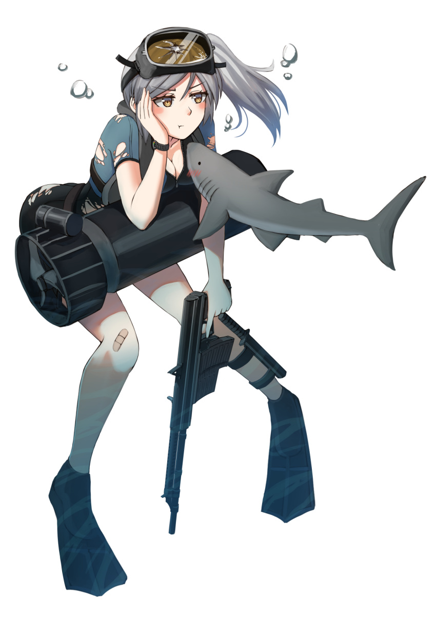 1girl :t aps_rifle arm_support assault_rifle bandaid bandaid_on_knee blush blush_stickers breasts broken broken_goggles brown_eyes bubble cleavage commentary eye_contact flippers girls_frontline goggles goggles_on_head grey_hair gun hand_on_own_cheek highres knife leaning_forward long_hair looking_at_another ndtwofives original rifle shark side_ponytail simple_background solo torn_clothes trigger_discipline underwater watch watch weapon wetsuit white_background