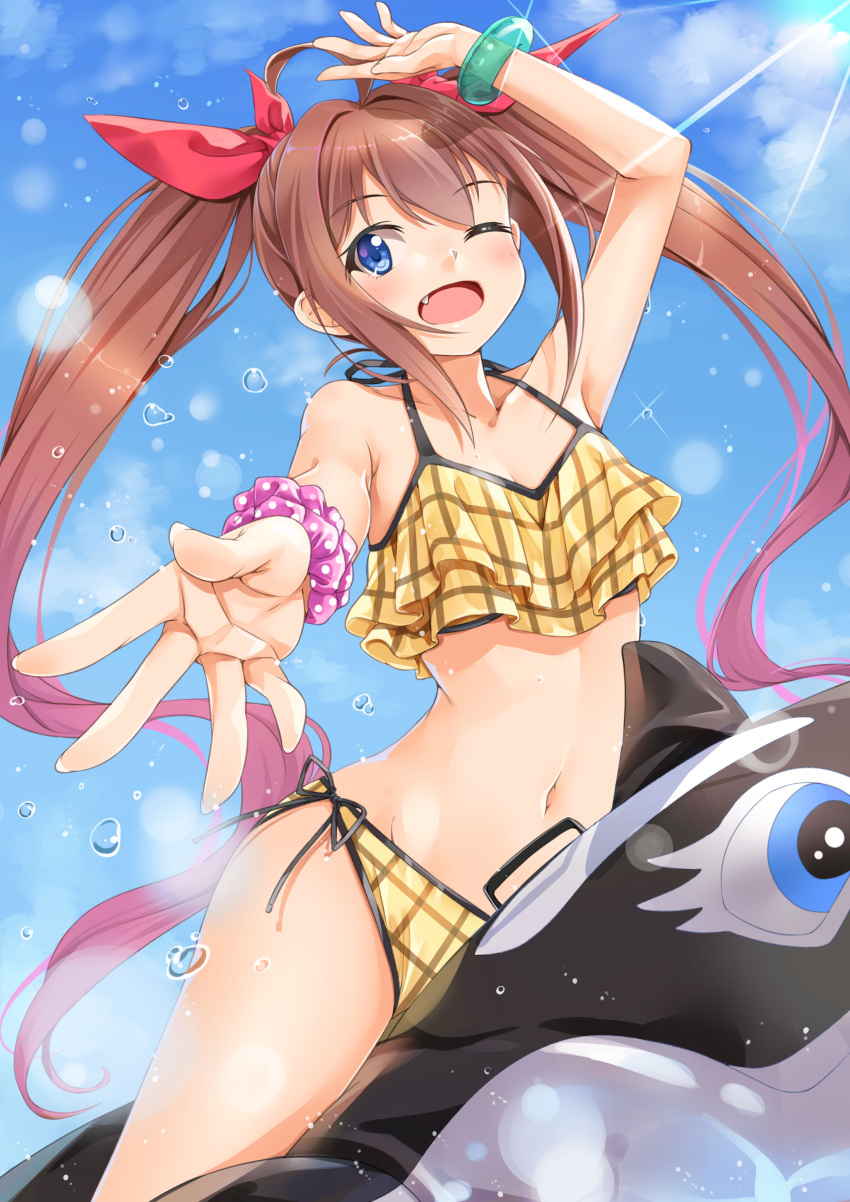 1girl absurdres ahoge bikini black_ribbon blue_eyes blue_sky bow bracelet breasts brown_hair cleavage collarbone day fang floating_hair groin hair_bow highres jewelry lens_flare long_hair looking_at_viewer miri_(ago550421) navel one_eye_closed open_mouth original outdoors red_bow ribbon riding scrunchie sky small_breasts solo sparkle sunlight swimsuit twintails very_long_hair wrist_scrunchie yellow_bikini