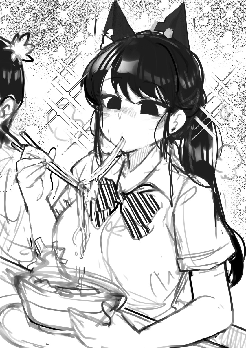 1girl absurdres animal_ears black_eyes black_hair cat_ears chopsticks eating food highres komi-san_wa_komyushou_desu komi_shouko long_hair noodles osiimi ramen school_uniform short_hair soup tadano_hitohito white_background