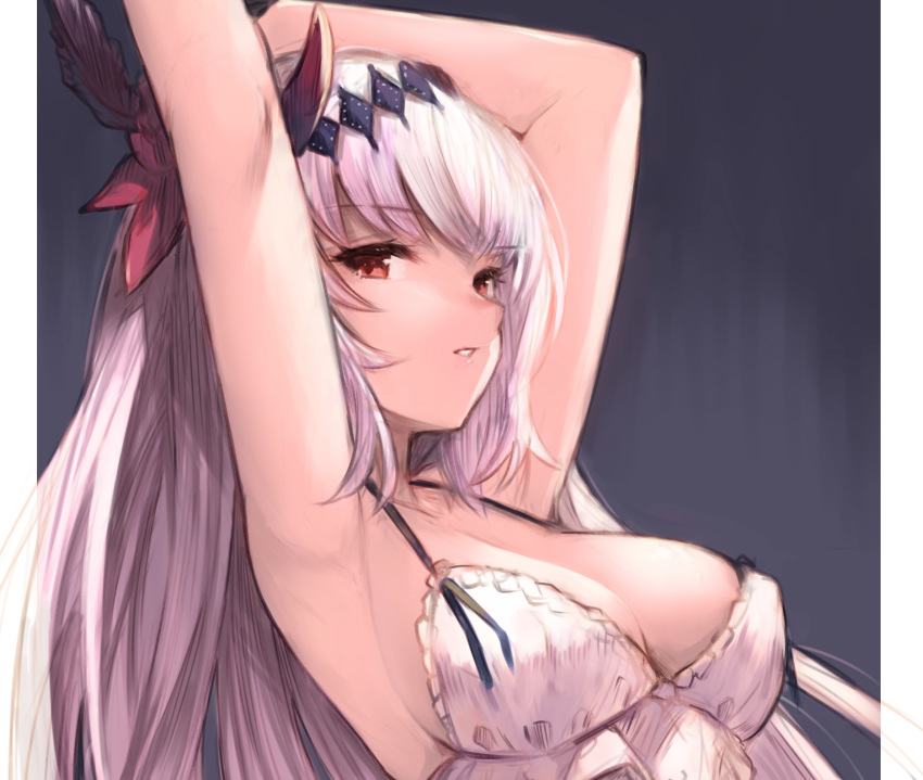 1girl armpits arms_up babydoll bangs bare_arms bare_shoulders breasts cleavage commentary_request covered_nipples eyebrows_visible_through_hair frills granblue_fantasy hair_ornament highres jeanne_d'arc_(granblue_fantasy) koretsuki_azuma long_hair looking_at_viewer medium_breasts parted_lips red_eyes solo upper_body white_babydoll white_hair