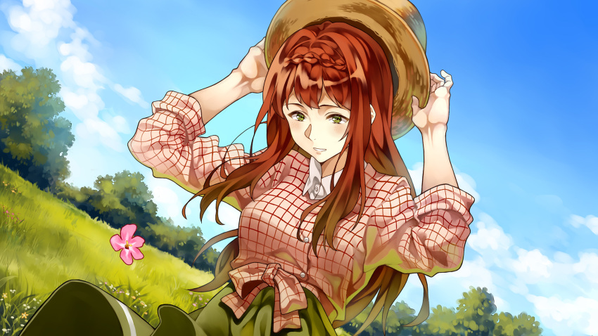 1girl bangs blue_sky braid checkered checkered_shirt cheese_kang clouds collared_shirt commentary_request dress dutch_angle flower freckles grass green_eyes green_skirt grin hat highres holding holding_hat long_hair luculia_marlborough outdoors redhead shirt skirt sky smile tree violet_evergarden